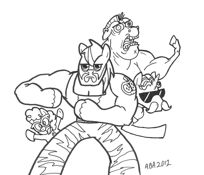 Size: 1166x1000 | Tagged: action hank, anthro, artist:abronyaccount, big macintosh, black and white, bulk biceps, derpibooru import, dexter's laboratory, fancypants, grayscale, monochrome, roid rage, safe, sunglasses, twist