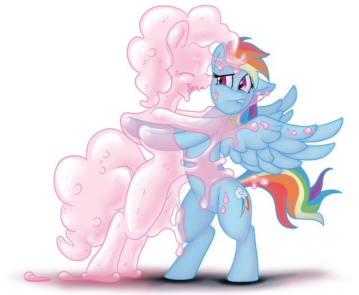 Size: 5302x4358 | Tagged: safe, artist:swissleo, derpibooru import, pinkie pie, rainbow dash, goo pony, original species, absurd resolution, female, gak, imminent vore, lesbian, pinkie slime, pinkiedash, shipping