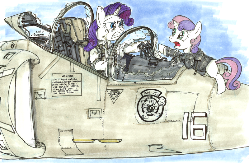 Size: 2228x1460 | Tagged: aircraft, artist:buckweiser, av-8b harrier ii, broken, broken glass, clothes, derpibooru import, fighter, gritted teeth, harrier, injured, jet, jet fighter, military, open mouth, pilot, plane, rarity, reaching, safe, sweetie belle, traditional art, true lies