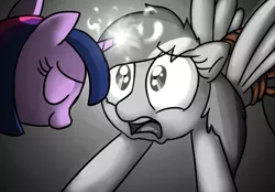 Size: 1100x766 | Tagged: safe, artist:mickeymonster, derpibooru import, rainbow dash, twilight sparkle, pony, fanfic, pony pov series, the return of harmony, alex warlorn, duo, fanfic art, female, gray background, grayscale, magic, mare, monochrome, reharmonized ponies, rope, simple background, traitor dash