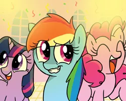 Size: 1100x879 | Tagged: safe, artist:mickeymonster, derpibooru import, pinkie pie, rainbow dash, twilight sparkle, earth pony, pony, unicorn, fanfic, pony pov series, the return of harmony, alex warlorn, confetti, fanfic art, female, mare, party, reharmonized ponies, trio, unicorn twilight