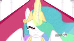 Size: 500x281 | Tagged: safe, derpibooru import, screencap, princess celestia, alicorn, pony, the crystal empire, animated, canterlot throne room, dark magic, ethereal mane, female, mare, solo, sombra eyes, spread wings, wings