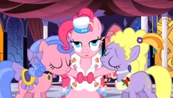Size: 1366x768 | Tagged: derpibooru import, lidded eyes, lyrica lilac, out of context, pinkie pie, royal ribbon, safe, screencap, the best night ever