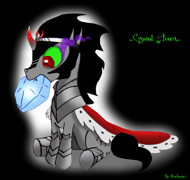 Size: 800x758 | Tagged: safe, artist:binikastar, derpibooru import, king sombra, pony, unicorn, armor, cape, clothes, colored horn, crystal heart, curved horn, cute, horn, male, mouth hold, solo, sombra eyes, sombra's horn, sombradorable, stallion
