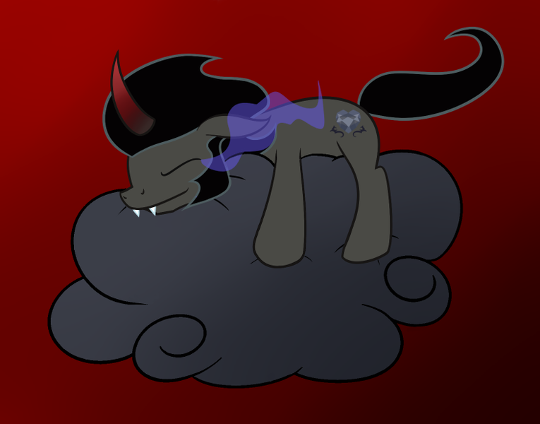 Size: 788x618 | Tagged: safe, artist:hip-indeed, derpibooru import, king sombra, cloud, colored horn, colt sombra, curved horn, cute, dark clouds, eye mist, fangs, gradient background, horn, image, king sideburns, newbie artist training grounds, on a cloud, png, red background, sleeping, sleeping on a cloud, sombra eyes, sombra horn, sombra's cutie mark, sombradorable