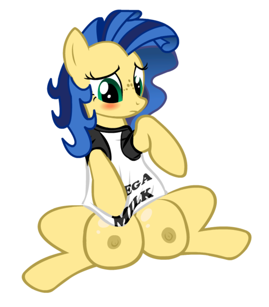 Size: 700x800 | Tagged: questionable, artist:kajio, derpibooru import, oc, oc:milky way, unofficial characters only, pony, blushing, clothes, crotchboobs, female, impossibly large crotchboobs, mare, mega milk, mega pony, meme, milk, nipples, nudity, shirt, solo, solo female