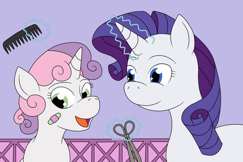 Size: 1500x1000 | Tagged: alex warlorn, artist needed, bandage, bandaid, cheering up, comb, derpibooru import, fanfic, fanfic art, heartwarming, pony pov series, rarity, reharmonized ponies, safe, scissors, sisters, smiling, sweetie belle