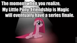 Size: 640x360 | Tagged: caption, derpibooru import, edit, edited screencap, end of ponies, harsher in hindsight, image macro, in-universe pegasister, meta, party of one, pinkamena diane pie, pinkie pie, roflbot, sad, sad in hindsight, safe, screencap, series finale, series finale blues, text
