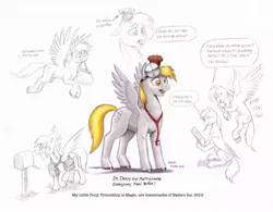 Size: 1254x980 | Tagged: safe, artist:baron engel, derpibooru import, derpy hooves, oc, oc:sky brush, pegasus, pony, female, head mirror, mailmare, mare, muffin, pencil drawing, stethoscope, traditional art