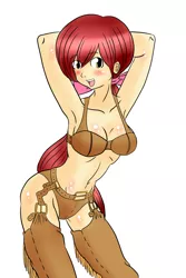 Size: 1280x1920 | Tagged: apple bloom, arm behind head, armpits, artist:justcallmeanerd, bra, breasts, busty apple bloom, chaps, clothes, dead source, derpibooru import, humanized, older, older apple bloom, simple background, suggestive, teenager, underwear, white background