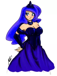Size: 1500x2000 | Tagged: artist:true-artist-mas, blushing, breasts, busty princess luna, clothes, derpibooru import, evening gloves, fingerless gloves, gloves, humanized, looking at you, princess luna, safe, simple background, smiling, solo