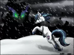 Size: 900x675 | Tagged: safe, artist:inuhoshi-to-darkpen, derpibooru import, king sombra, shining armor, umbrum, clothes, scarf, snow, snowfall, unshorn fetlocks