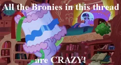 Size: 350x189 | Tagged: safe, derpibooru import, edit, edited screencap, screencap, spike, twilight sparkle, pony, unicorn, friendship is magic, season 1, angry, brony, caption, female, image macro, insanity, lampshade, mare, meta, party, reaction image, thread, unicorn twilight