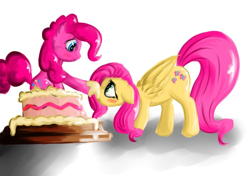 Size: 1500x1050 | Tagged: artist:mysterious44, cake, derpibooru import, female, flutterpie, fluttershy, lesbian, pinkie pie, pop out cake, safe, shipping, surprise cake