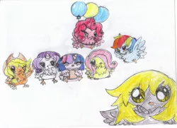 Size: 2183x1583 | Tagged: safe, artist:loveponies89, derpibooru import, applejack, derpy hooves, fluttershy, pinkie pie, rainbow dash, rarity, twilight sparkle, chicken, pegasus, pony, balloon, chick, chicks, female, mane six, mare