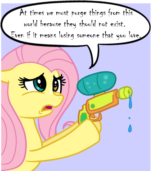 Size: 899x1020 | Tagged: artist:madmax, deadly premonition, derpibooru import, edit, fluttershy, heterochromia, parody, purple background, red seeds profile, safe, scar, simple background, solo, speech bubble, watergun