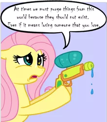 Size: 899x1020 | Tagged: artist:madmax, deadly premonition, derpibooru import, edit, fluttershy, heterochromia, parody, purple background, red seeds profile, safe, scar, simple background, solo, speech bubble, watergun