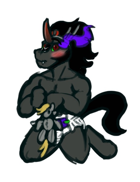 Size: 541x700 | Tagged: adult foal, anthro, artist:isil, bare chest, clothes, derpibooru import, derpy hooves, diaper, diaper fetish, king sombra, plushie, questionable, topless