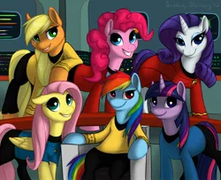 Size: 2000x1626 | Tagged: safe, artist:spiggy-the-cat, derpibooru import, applejack, fluttershy, pinkie pie, rainbow dash, rarity, twilight sparkle, earth pony, pegasus, pony, unicorn, clothes, female, image, jpeg, mane six, mare, parody, star trek, star trek (tos), unicorn twilight, uniform