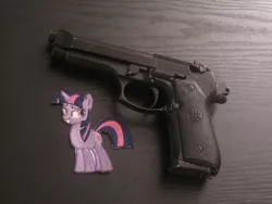 Size: 844x633 | Tagged: beretta, derpibooru import, gun, irl, m9, patch, photo, safe, twilight sparkle