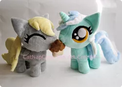 Size: 700x500 | Tagged: artist:catnapcaps, derpibooru import, derpy hooves, filly, irl, lyra heartstrings, muffin, photo, plushie, safe