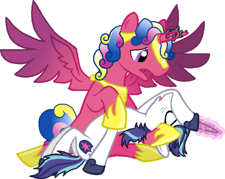 Size: 759x604 | Tagged: safe, artist:rain-approves, artist:starryoak, derpibooru import, princess cadance, shining armor, alicorn, pony, unicorn, gleaming shield, glowing horn, holding, horn, passed out, prince bolero, rule 63, simple background, transparent background