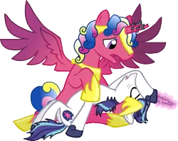 Size: 759x604 | Tagged: safe, artist:rain-approves, artist:starryoak, derpibooru import, princess cadance, shining armor, alicorn, pony, unicorn, gleaming shield, glowing horn, holding, horn, passed out, prince bolero, rule 63, simple background, transparent background