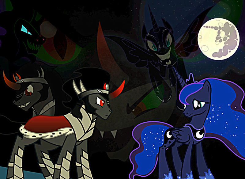 Size: 1024x747 | Tagged: artist:serinasnake, derpibooru import, female, king sombra, lumbra, male, mare in the moon, moon, nightmare moon, princess luna, safe, shipping, straight