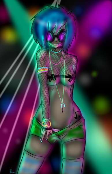 Size: 752x1162 | Tagged: artist:fatcakes, belly button, breasts, busty vinyl scratch, clothes, cutie mark, cutie mark on human, derpibooru import, female, fishnets, glow rings, humanized, lip piercing, midriff, nail polish, neon, nipple tape, panties, pasties, piercing, questionable, shorts, smiling, socks, solo, solo female, thigh highs, underboob, underwear, vinyl scratch