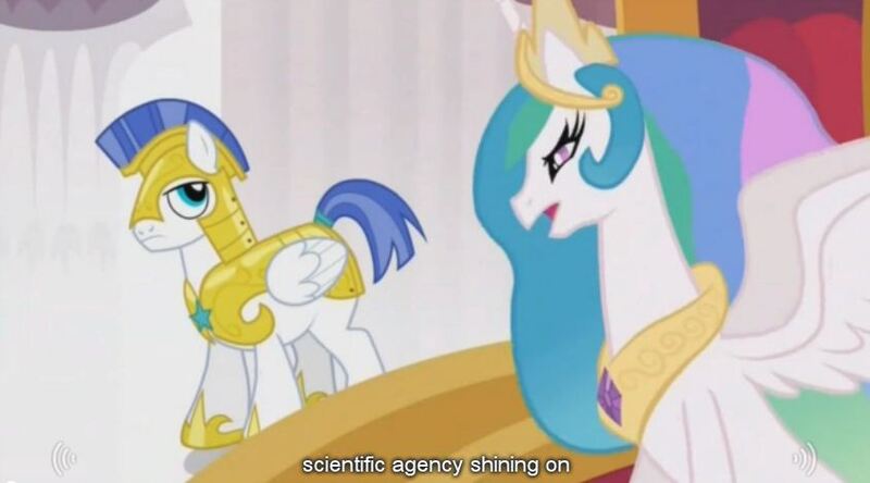 Size: 845x469 | Tagged: safe, derpibooru import, screencap, princess celestia, royal guard, s03e01, science, youtube caption