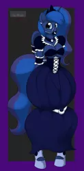 Size: 943x1920 | Tagged: anthro, artist:kloudmutt, ballgag, bondage, bound wings, breasts, clothes, derpibooru import, dress, female, gag, princess luna, spreader bar, suggestive, unguligrade anthro