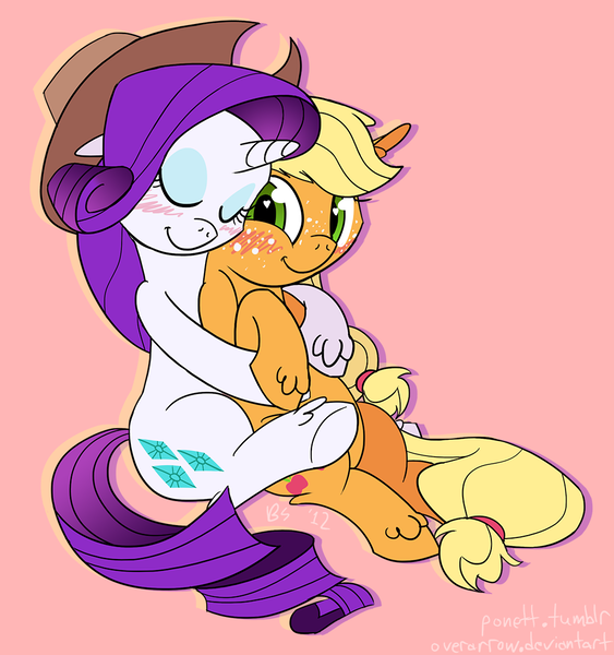 Size: 1000x1065 | Tagged: safe, artist:ponett, derpibooru import, applejack, rarity, accessory swap, blushing, hug, rarijack, shipping, unshorn fetlocks