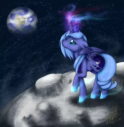 Size: 900x920 | Tagged: artist:ambunny, aurora borealis, crying, derpibooru import, earth, floppy ears, frown, looking up, magic, moon, planet, princess luna, raised hoof, s1 luna, sad, safe, solo, space, spread wings