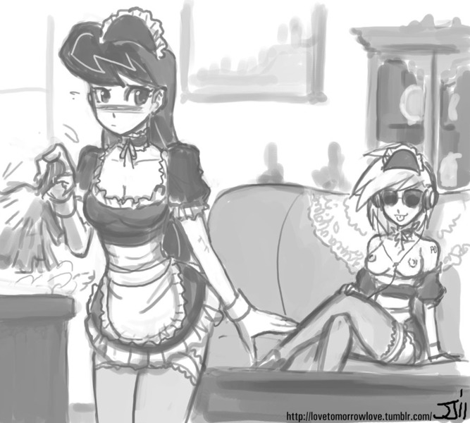 Size: 900x810 | Tagged: questionable, artist:johnjoseco, derpibooru import, octavia melody, vinyl scratch, human, :p, blushing, breasts, choker, cleaning, cleavage, clothes, cuffs (clothes), female, grayscale, headphones, humanized, lesbian, lingerie, maid, maid headdress, monochrome, nipples, nudity, raised eyebrow, scratchtavia, shipping, sitting, smiling, stockings, thigh highs, tongue out, topless