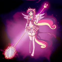 Size: 800x800 | Tagged: artist:dawnrie, clothes, derpibooru import, eared humanization, horned humanization, humanized, princess cadance, safe, sailor moon, sailor scout, solo, staff, tailed humanization, winged humanization