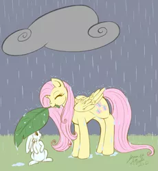 Size: 675x735 | Tagged: angel bunny, artist:jenasu, derpibooru import, fluttershy, rain, safe