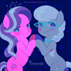 Size: 1280x1288 | Tagged: safe, artist:princessmisery, derpibooru import, diamond tiara, silver spoon, earth pony, pony, blushing, female, glasses, heart eyes, lesbian, shipping, silvertiara, wingding eyes