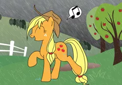 Size: 900x633 | Tagged: applejack, artist:moabite, derpibooru import, rain, safe, wet mane