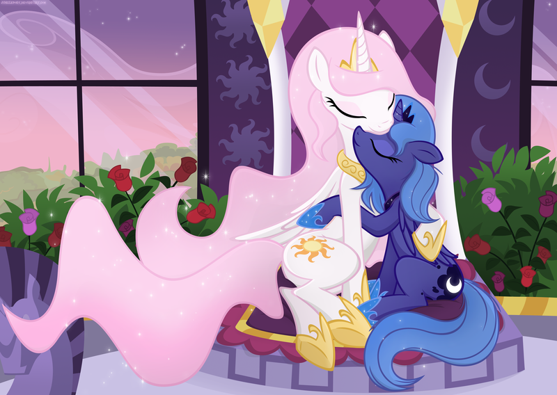 Size: 5000x3549 | Tagged: dead source, safe, artist:illuminatiums, derpibooru import, princess celestia, princess luna, alicorn, pony, cute, cutelestia, hug, kissing, nuzzling, sisterly love, sisters, sitting, woona