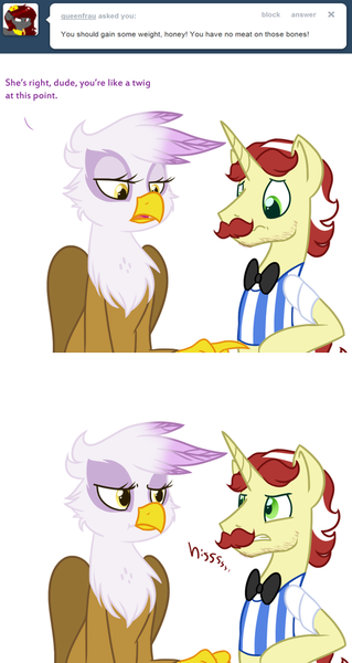 Size: 500x940 | Tagged: safe, artist:ask-flam, derpibooru import, flam, gilda, gryphon, ask, tumblr