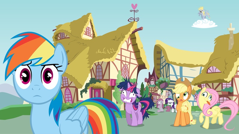 Size: 1920x1080 | Tagged: safe, artist:chemicowl, artist:cloudshadezer0, artist:kigaroth, artist:misterlolrus, artist:mrlolcats17, artist:pirill, artist:sircinnamon, artist:trotsworth, derpibooru import, edit, applejack, derpy hooves, fluttershy, pinkamena diane pie, pinkie pie, rainbow dash, rarity, twilight sparkle, pegasus, pony, cloud, derp, female, mane six, mare, ponyville, thousand yard stare, twilight snapple, wallpaper, wallpaper edit