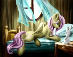 Size: 1300x1024 | Tagged: angel bunny, artist:shizyaa, bed, derpibooru import, fluttershy, morning, safe, waking up