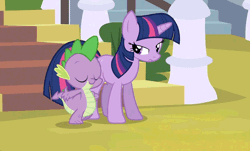 Size: 894x540 | Tagged: safe, derpibooru import, screencap, spike, twilight sparkle, the crystal empire, animated, boop, cute, duo, hnnng, sad