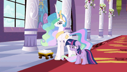 Size: 960x540 | Tagged: animated, bitchlestia, butt touch, derpibooru import, floppy ears, frown, glare, gritted teeth, princess celestia, pushing, raised hoof, rump push, safe, screencap, spread wings, the crystal empire, twilight sparkle, wing hands, wingpush