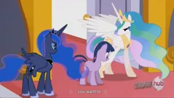 Size: 1535x863 | Tagged: safe, derpibooru import, screencap, princess celestia, princess luna, twilight sparkle, alicorn, pony, unicorn, the crystal empire, unicorn twilight, youtube caption, youtube link