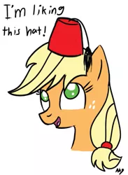 Size: 549x750 | Tagged: safe, artist:datahmedz, derpibooru import, applejack, pony, accessory swap, bust, fez, hat, no pupils, open mouth, portrait, silly, silly pony, simple background, solo, white background