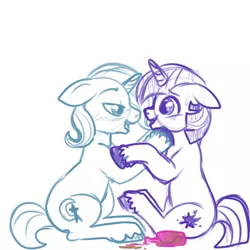 Size: 500x500 | Tagged: artist:lulubell, bedroom eyes, blushing, bottle, derpibooru import, drunk, drunk twilight, gay, male, rule 63, safe, shipping, simple background, the great and alcoholics trixie, trixie, twilight sparkle, twixie, white background