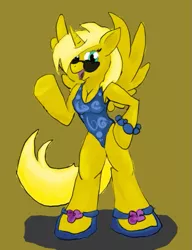 Size: 507x659 | Tagged: alicorn, alicorn oc, anthro, anthro oc, artist:foxtrott, clothes, derpibooru import, oc, oc:ticket, one-piece swimsuit, safe, solo, swimsuit, unofficial characters only