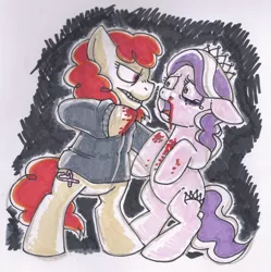 Size: 500x503 | Tagged: semi-grimdark, derpibooru import, diamond tiara, twist, earth pony, pony, abuse, bipedal, bitter sweets, black sclera, blood, clothes, tiarabuse, violence, what a twist