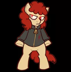 Size: 500x508 | Tagged: semi-grimdark, derpibooru import, twist, pony, bipedal, bitter sweets, blood, clothes, evil eyes, female, filly, hoodie, solo
